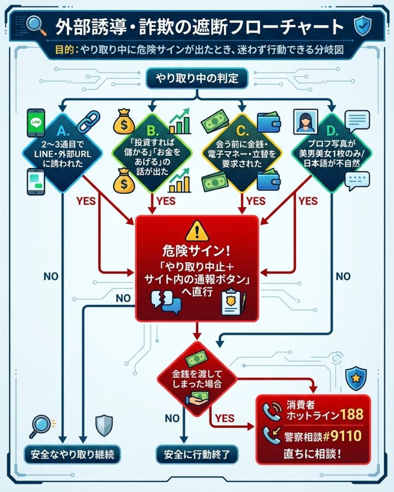 外部誘導・詐欺の遮断フローチャート