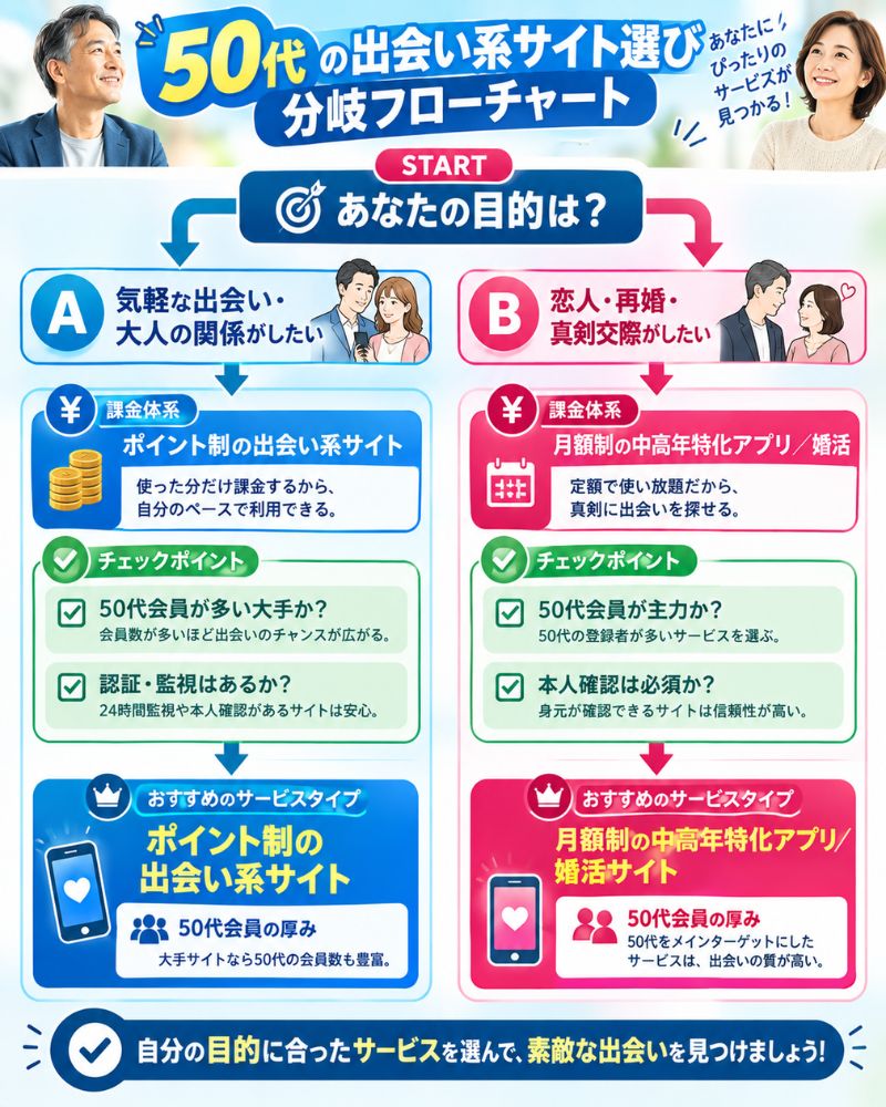 50代の出会い系サイト選び 分岐フローチャート