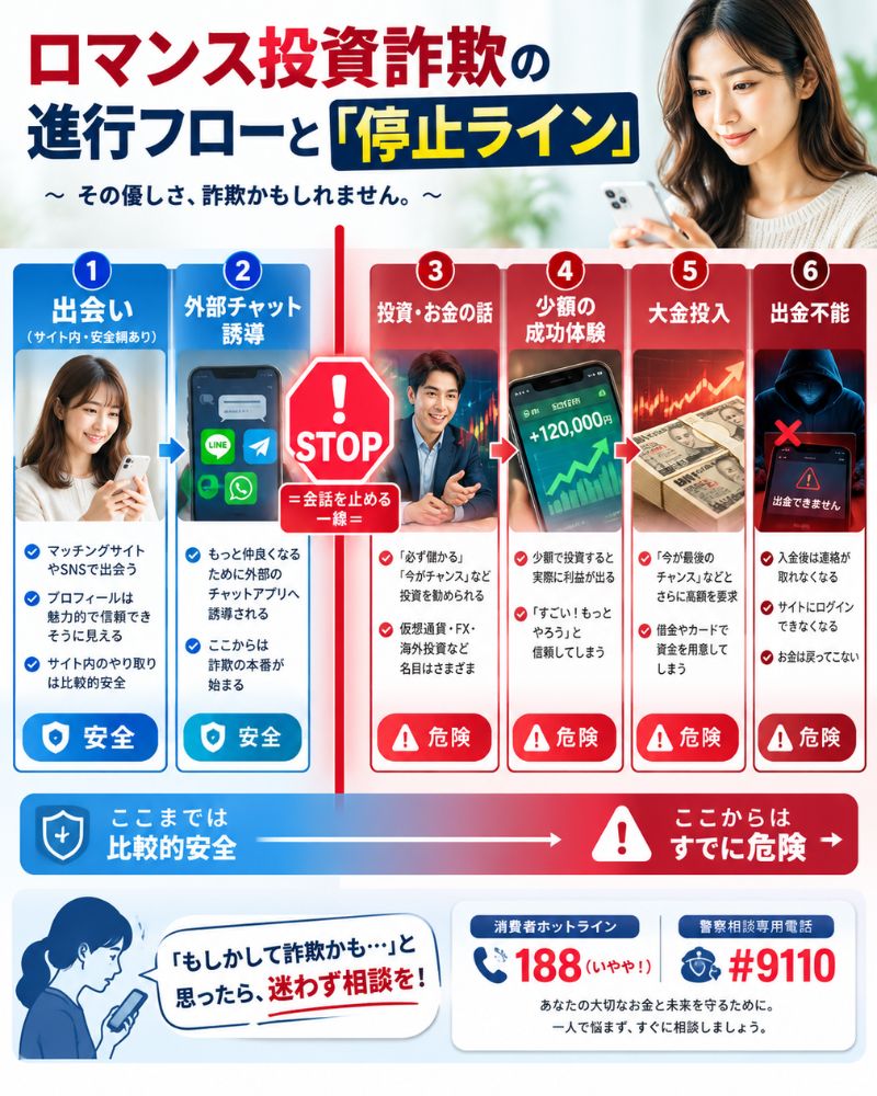 ロマンス投資詐欺の進行フローと「停止ライン」